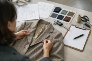 A designer uses a detailed checklist and measurement tools to assess a garment sample for design and quality, reflecting structured review best practices.