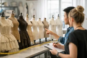 A visual representation of the transition from historical to modern dress forms, highlighting the change in size standards over time, suitable for illustrating the history of vanity sizing in fashion.