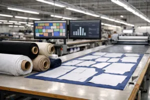 A professional garment factory floor showing fabric rolls, marker layouts, and digital yield calculation tools used for BOM planning.