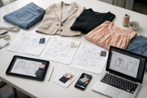 A workspace showing garment samples, feedback forms, and digital devices used during the comments phase. Highlights clarity and technical focus.
