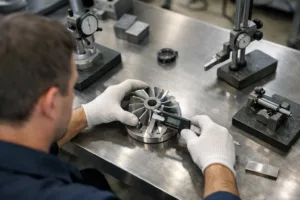 The image captures a technician inspecting a TOP sample under bright lighting, emphasizing rigorous quality control during the final check in metal production.