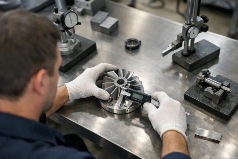 The image captures a technician inspecting a TOP sample under bright lighting, emphasizing rigorous quality control during the final check in metal production.