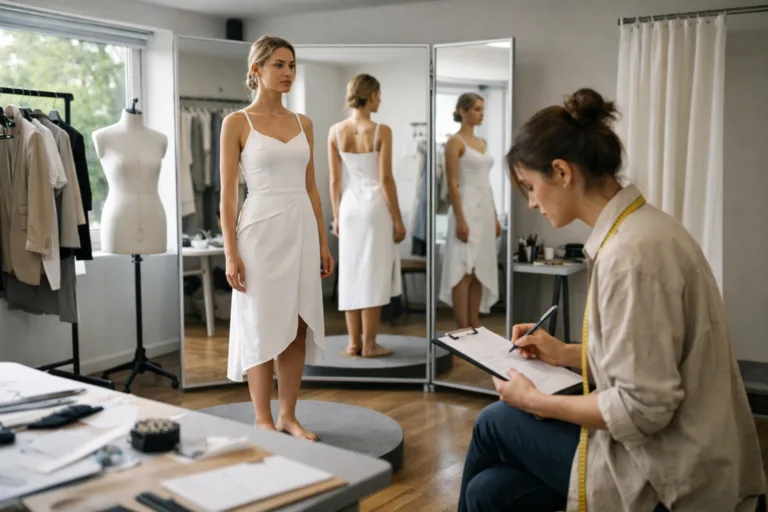 A daylight-lit studio shows a live model being fitted in front of mirrors, with designers taking notes, embodying a hands-on fit session.