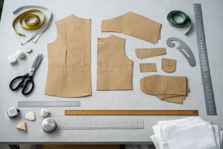 Visualizing the technical environment where garment measurement tolerances are checked, highlighting the precision tools used in apparel manufacturing.