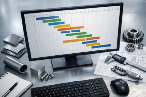 A professional workspace showing how project timelines and Gantt charts are used to manage sample lead times.