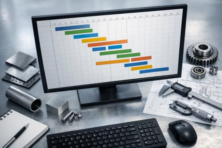 A professional workspace showing how project timelines and Gantt charts are used to manage sample lead times.