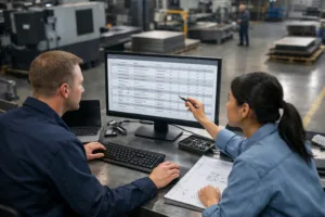 Engineers are focused on updating and controlling BOM versions using specialized software tools. The setting is a metal product factory, emphasizing technical accuracy and clarity.