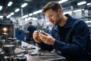 A skilled worker examines a prototype metal part, highlighting the intricacies and attention involved in sample production versus bulk manufacturing.