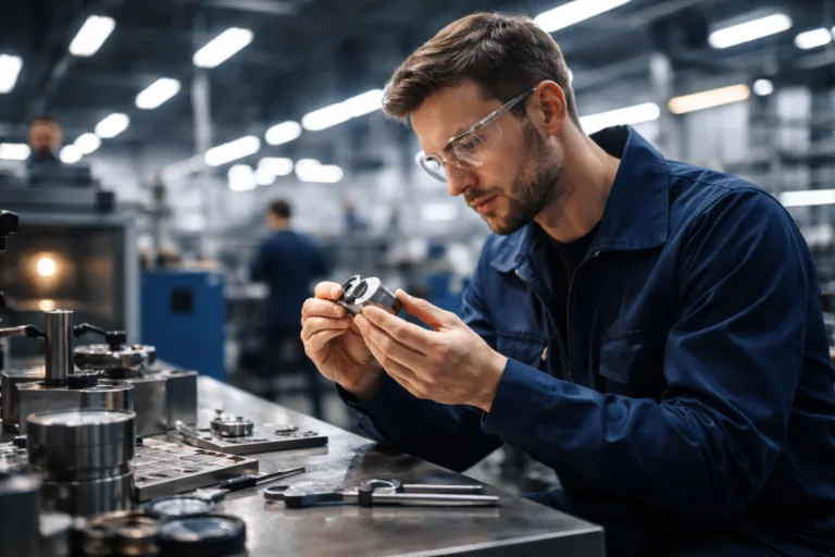 A skilled worker examines a prototype metal part, highlighting the intricacies and attention involved in sample production versus bulk manufacturing.