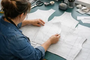 A detail-oriented glimpse into plus size grading showing the hands-on process of revising pattern pieces for larger garment sizes, emphasizing technical accuracy.