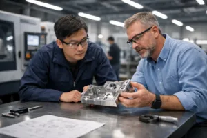 Engineers reviewing a proto sample for metal product concept validation, highlighting the initial stage of the sampling process.