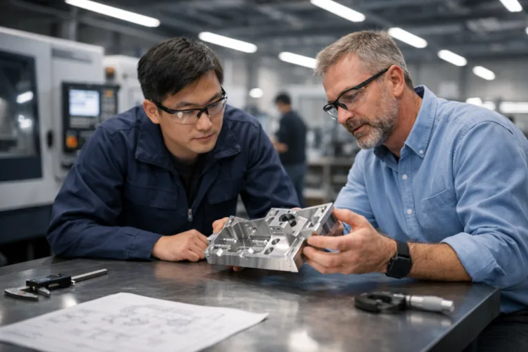Engineers reviewing a proto sample for metal product concept validation, highlighting the initial stage of the sampling process.