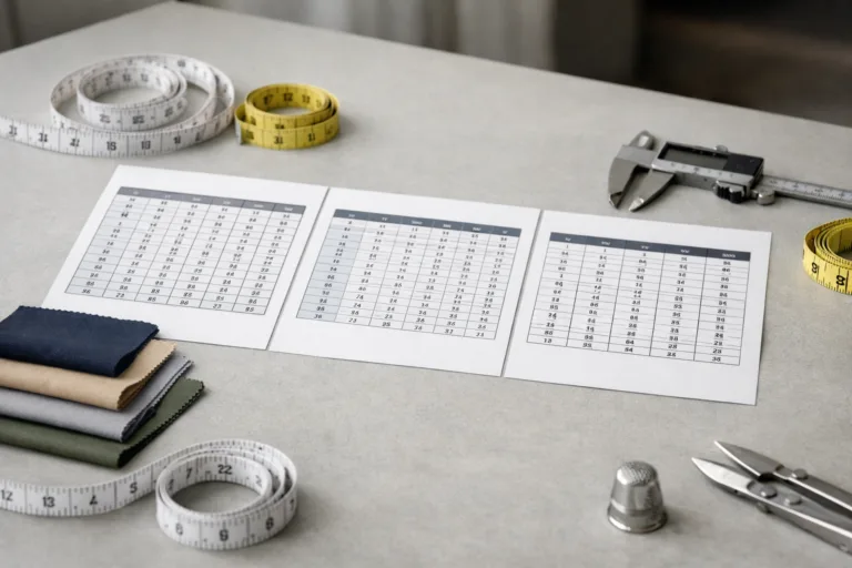 A professional workspace with different international sizing charts, complete with measuring instruments and fabric samples, illustrating the technical process of building a global size chart.