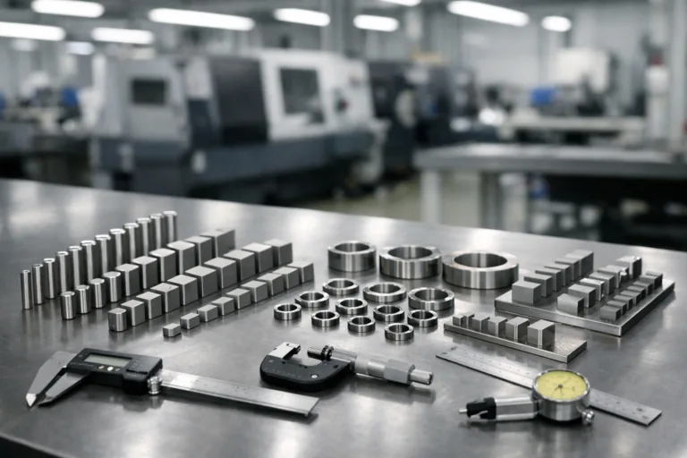 Array of metal size set samples meticulously inspected for grade compliance before cutting, set in a bright modern fabrication shop environment.
