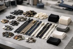 A collection of assorted buttons, zippers, and labels featured in a clean studio setting, representing the importance of sourcing trims for your BOM.