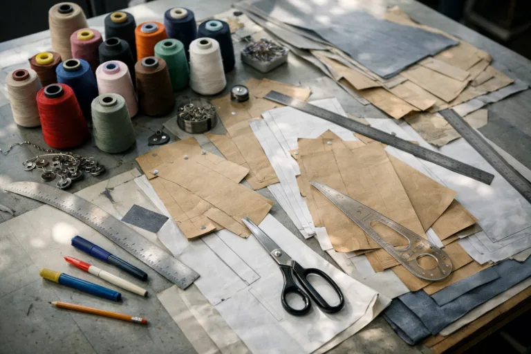 A professional apparel workspace showing colorful thread spools, measuring tapes, and sewing patterns for estimating thread consumption and yardage per garment. Camera angle is top-down, lighting is soft natural.