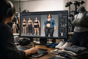 A high-resolution rendering of designers customizing a digital avatar's body shape for accurate apparel fitting using 3D modeling software, with technical surroundings.