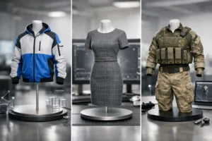 Digital garments represented by GLB, OBJ, and FBX show key differences in shape and texture fidelity under studio lighting, ideal for technical apparel guides.