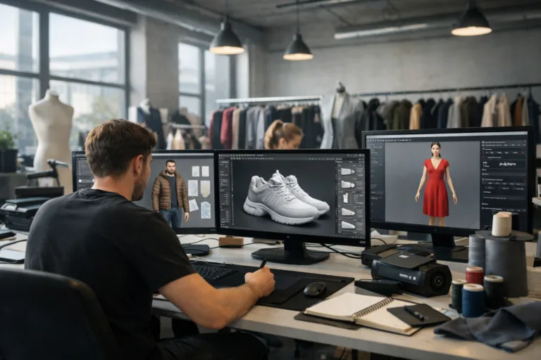 This image shows designers using 3D sampling software to visualize garments, demonstrating how 3D technology minimizes physical prototyping and resource use.