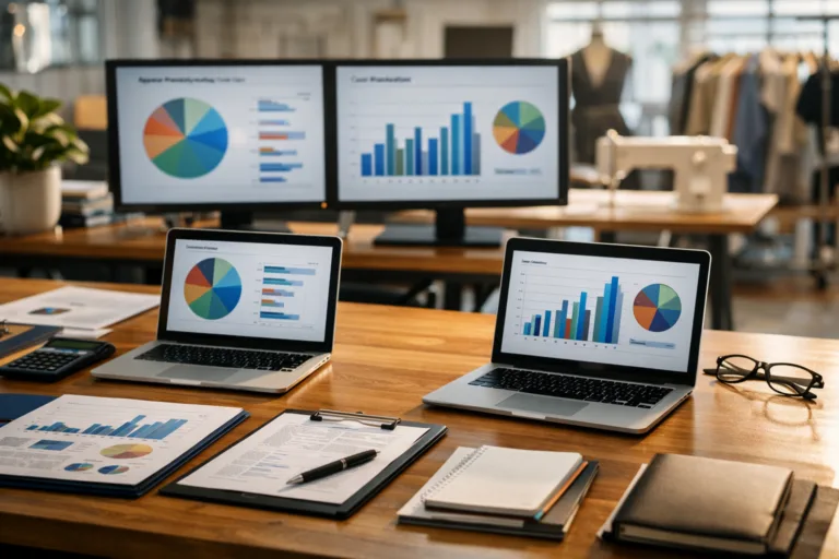 A contemporary apparel manufacturing office environment used for developing a target price strategy for your market, filled with cost charts and market reports.