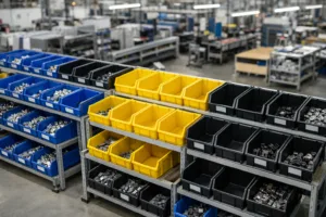 Stockroom view showing organized but partially depleted material bins, demonstrating the direct impact of BOM errors leading to shortages.