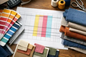 A detailed tabletop view showcasing BOM color listing using Pantone swatches, fabric samples, and an organized spreadsheet for correct colorway documentation.