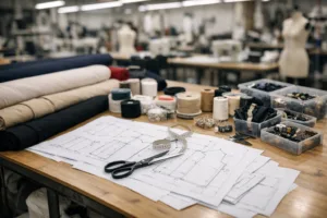 A tidy factory worktable with fabric rolls, trims, and blueprints captures the practical differences in CMT and FPP pricing models in garment manufacturing.