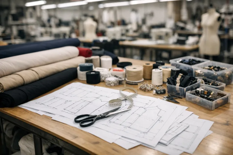 A tidy factory worktable with fabric rolls, trims, and blueprints captures the practical differences in CMT and FPP pricing models in garment manufacturing.