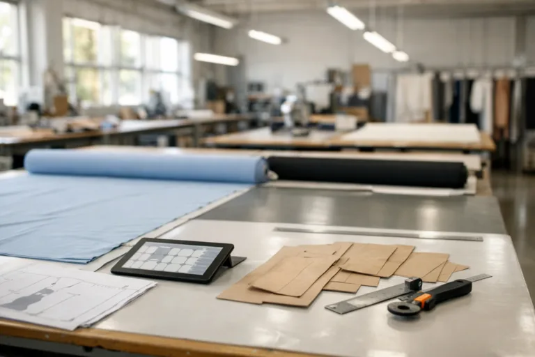 A wide-angle view of a fabric cutting room showing both digital and manual markers used for optimizing yield to save money in apparel manufacturing.