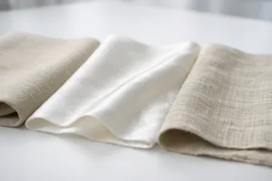 A professional workspace showing cotton, silk, and linen swatches digitally scanned, highlighting the importance of accurate texture capture in fabric rendering.