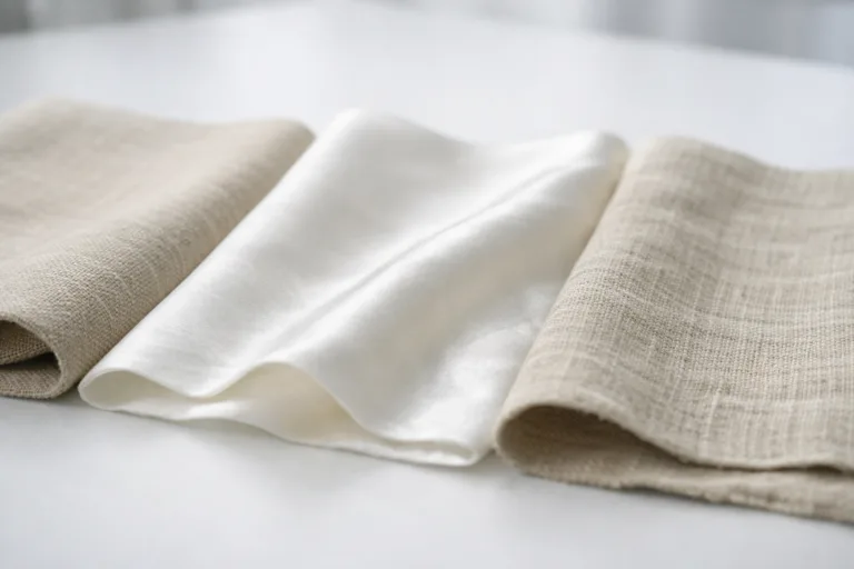 A professional workspace showing cotton, silk, and linen swatches digitally scanned, highlighting the importance of accurate texture capture in fabric rendering.