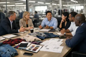 A clean and well-lit factory office with a negotiation meeting between buyer and supplier, reflecting fair price discussions without compromising product quality.