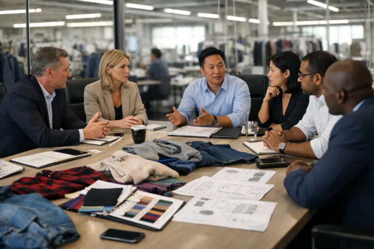 A clean and well-lit factory office with a negotiation meeting between buyer and supplier, reflecting fair price discussions without compromising product quality.