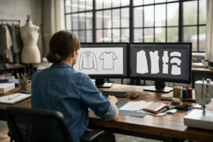 A professional studio environment where an apparel designer sketches garments and patterns using Adobe Illustrator, highlighting efficient workflow in fashion design.