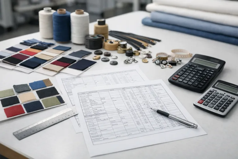 A detailed scene showing how to calculate the FOB price of a garment using costing sheets, fabrics, and trims in a manufacturing context.