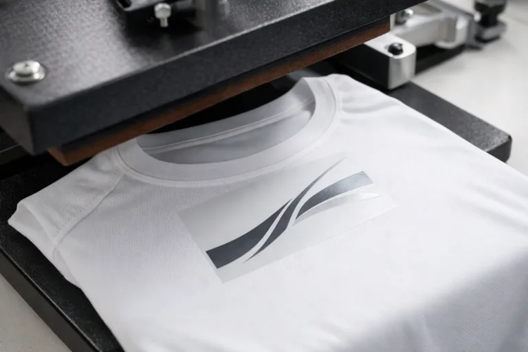 A professional heat press applies a heat transfer label for an itch-free solution on a white sport t-shirt, emphasizing seamless branding integration in manufacturing.
