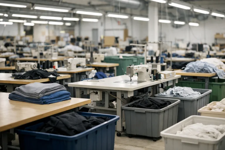 A professional, well-lit modern garment factory scene, symbolizing the visible and hidden costs found throughout apparel manufacturing.