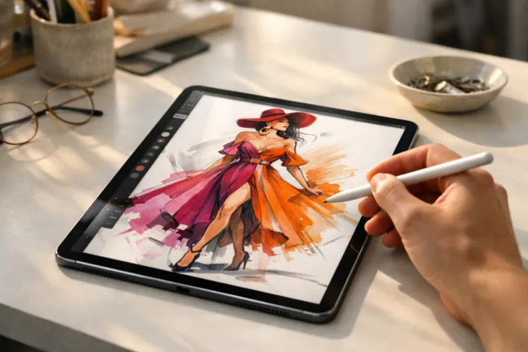 A photo-realistic iPad shows a digitally painted fashion design surrounded by sketching tools on a chic designer's workspace. The mood is creative and professional.