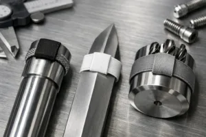 An overhead view highlighting how end, center, and loop folded labels look on metal goods in a technical workshop setting.