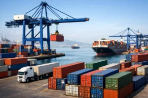 A photo-realistic image of an international port, with shipping containers waiting for customs clearance, symbolizing the key stages that impact Landed Duty Paid, Cost Analysis in global trade.