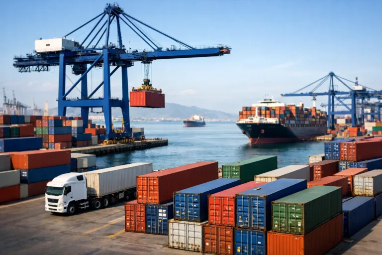 A photo-realistic image of an international port, with shipping containers waiting for customs clearance, symbolizing the key stages that impact Landed Duty Paid, Cost Analysis in global trade.