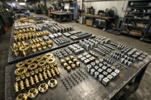 A bright, overhead view of a metalworking shop with differing quantities of brass and steel parts, capturing the impact of MOQs on production scale.