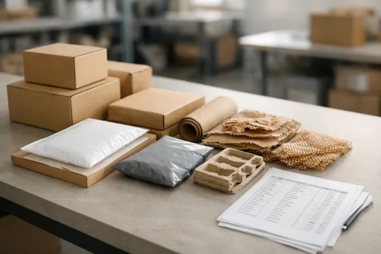 A diverse range of packaging materials is arranged for BOM specification in a manufacturer’s workspace, highlighting decision-making steps.