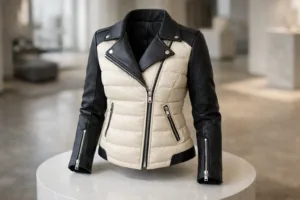 A clean, modern virtual showroom featuring a photorealistic 3D fashion garment on display under soft, well-balanced lighting, emphasizing technology-driven fashion presentation.