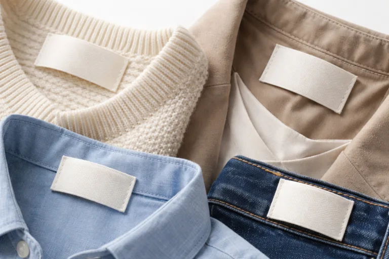 A detailed image showing woven and printed labels side by side on clothing. Highlights their texture and finish for a technical appraisal.