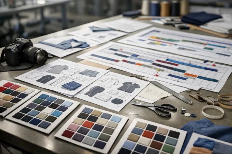 A detailed, wide-shot scene showing the planning stage of creating a critical path for apparel production, emphasizing coordinated resources and tasks.