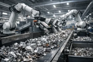 A modern manufacturing plant demonstrates automated sorting of metal scrap, highlighting upcycling-enabled workflows. The scene shows robotic precision in a clean, efficient industrial setting.