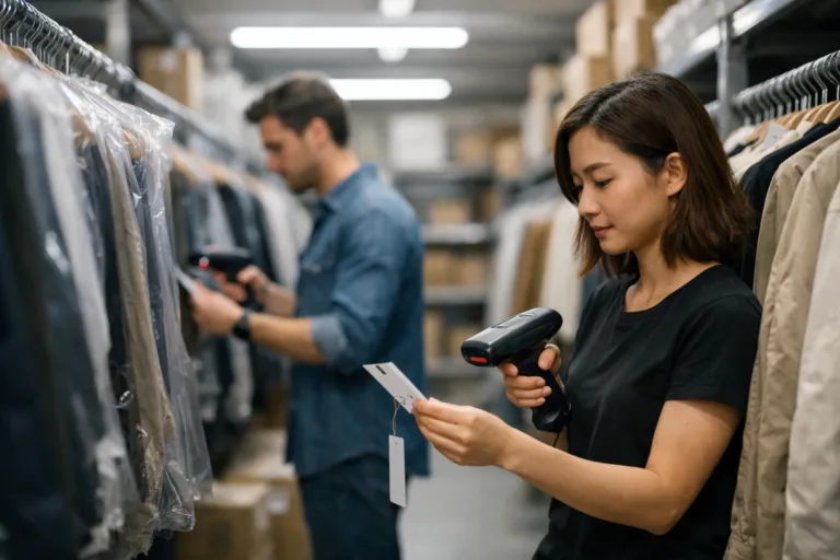 Retail staff members use barcode scanners to update inventory on apparel in a well-lit, organized stockroom. This visual represents barcode implementation in real-world retail inventory management.