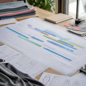 A clean, project management workspace with a detailed timeline, showing buffer time blocks for an apparel production schedule.