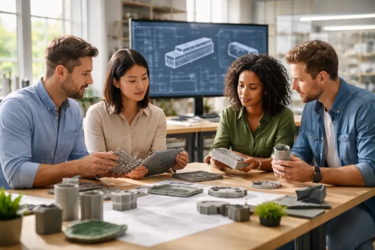 Sustainable product engineers and eco-design specialists examine Cradle to Cradle certified samples and digital product maps in an innovation-oriented studio.